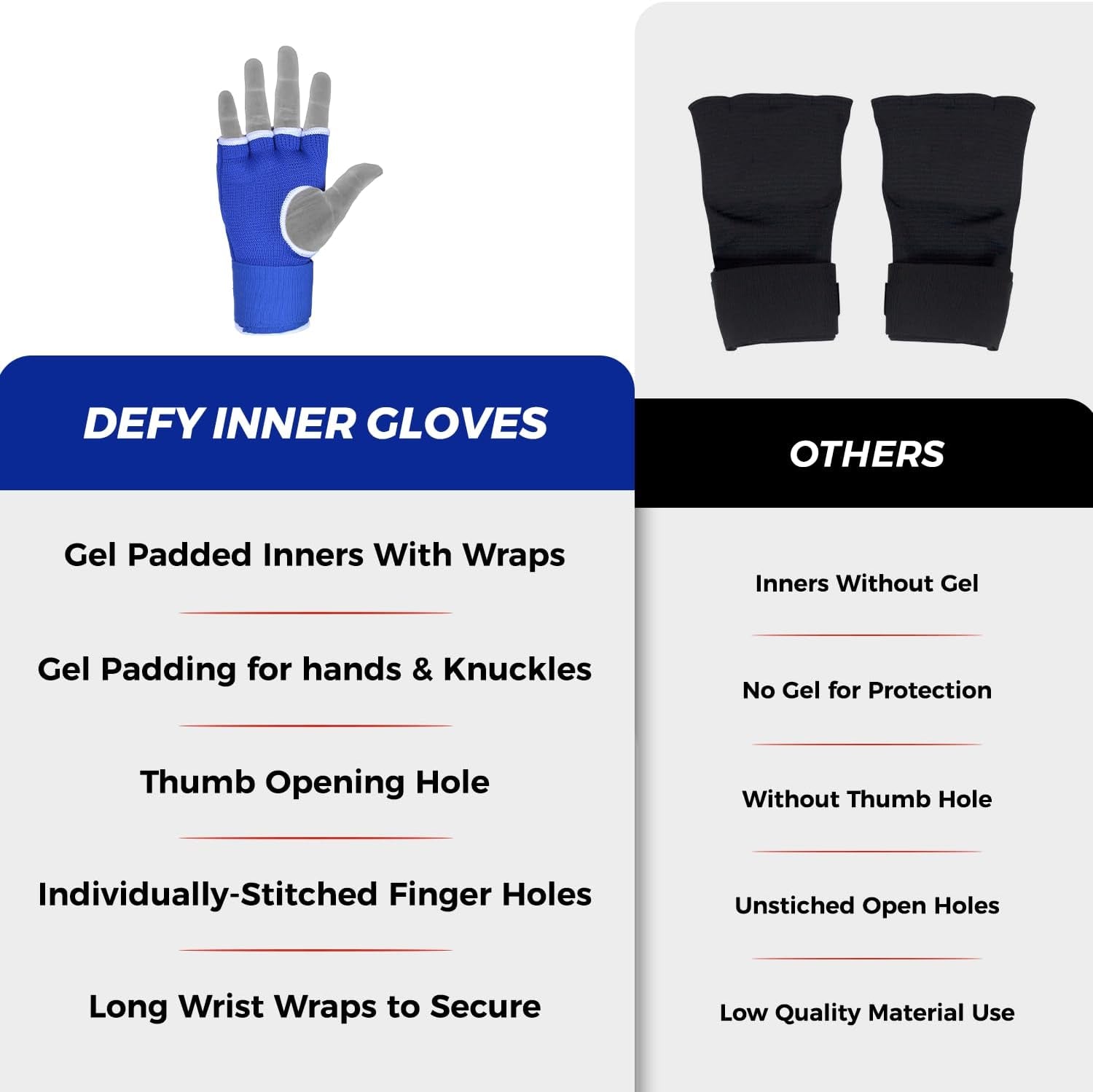 DEFY Gel Padded Premium Inner Gloves with Hand Wraps MMA Muay Thai Boxing Training Fight PAIR